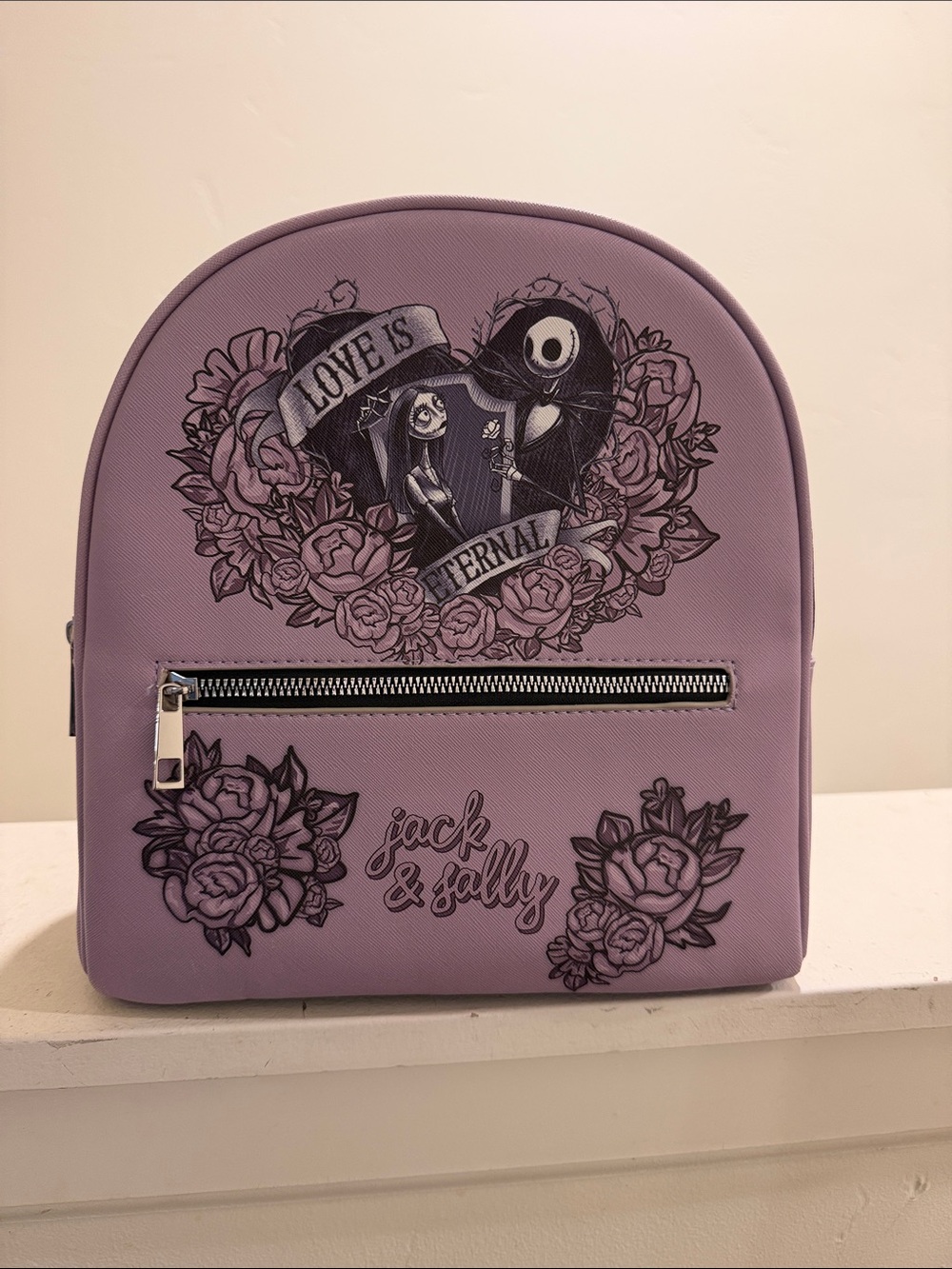 Lavender 'Jack & Sally' Heart Graphic Backpack
